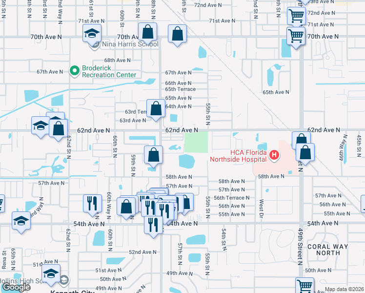 map of restaurants, bars, coffee shops, grocery stores, and more near 6050 57th Street North in St. Petersburg