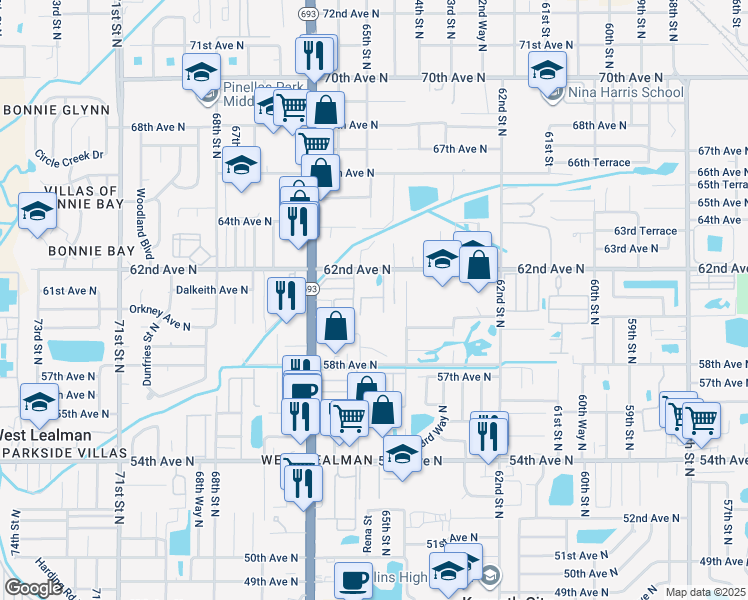 map of restaurants, bars, coffee shops, grocery stores, and more near 6440 62nd Avenue North in Pinellas Park
