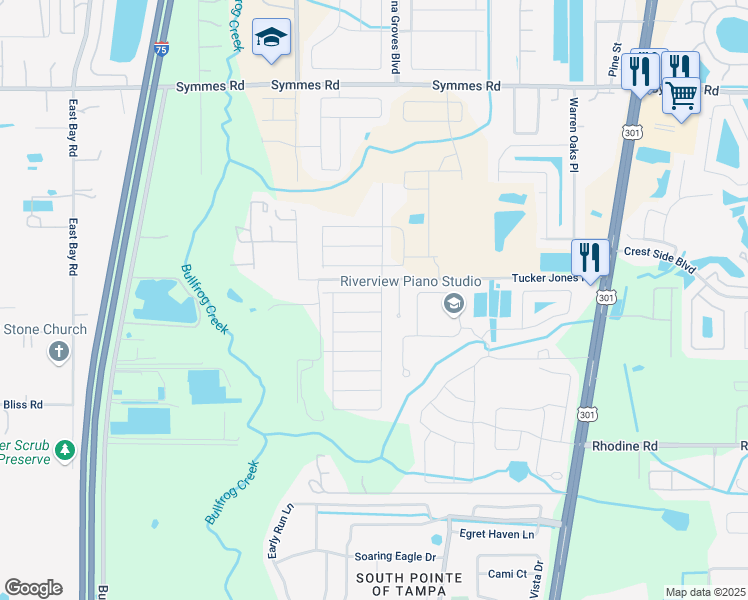 map of restaurants, bars, coffee shops, grocery stores, and more near 11818 MIracle Mile Drive in Riverview