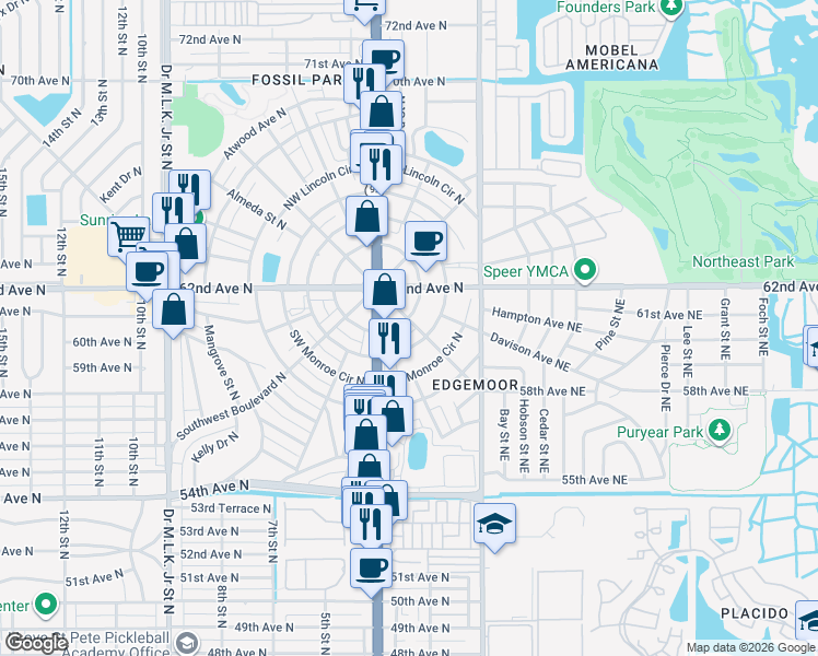 map of restaurants, bars, coffee shops, grocery stores, and more near 120 Southeast Madison Circle North in St. Petersburg