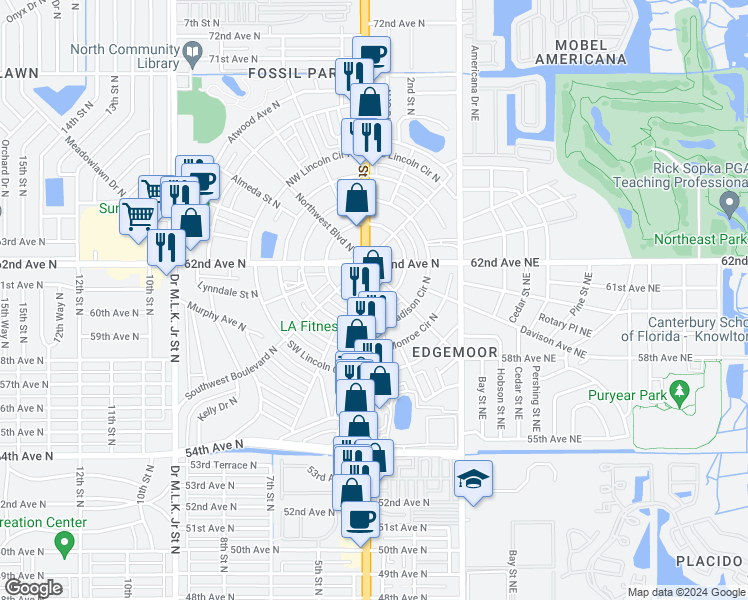map of restaurants, bars, coffee shops, grocery stores, and more near 120 Southeast Madison Circle North in St. Petersburg