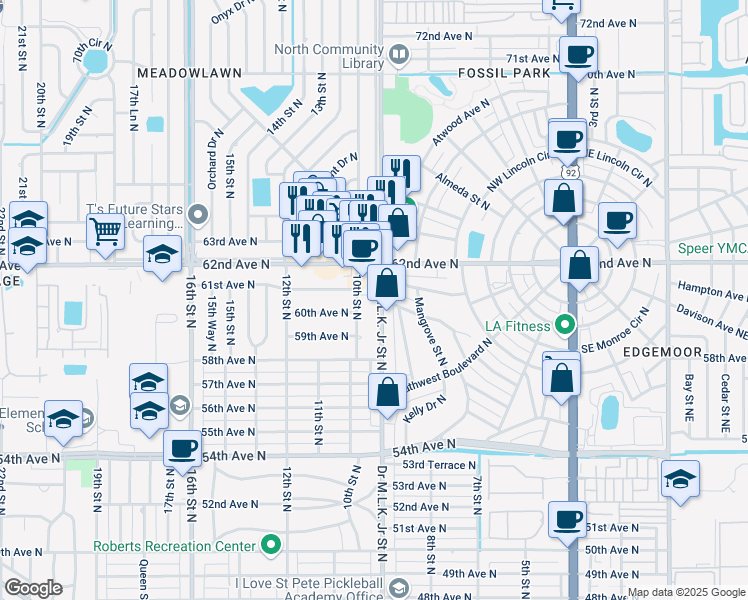 map of restaurants, bars, coffee shops, grocery stores, and more near 6010 Doctor Martin Luther King Junior Street North in St. Petersburg