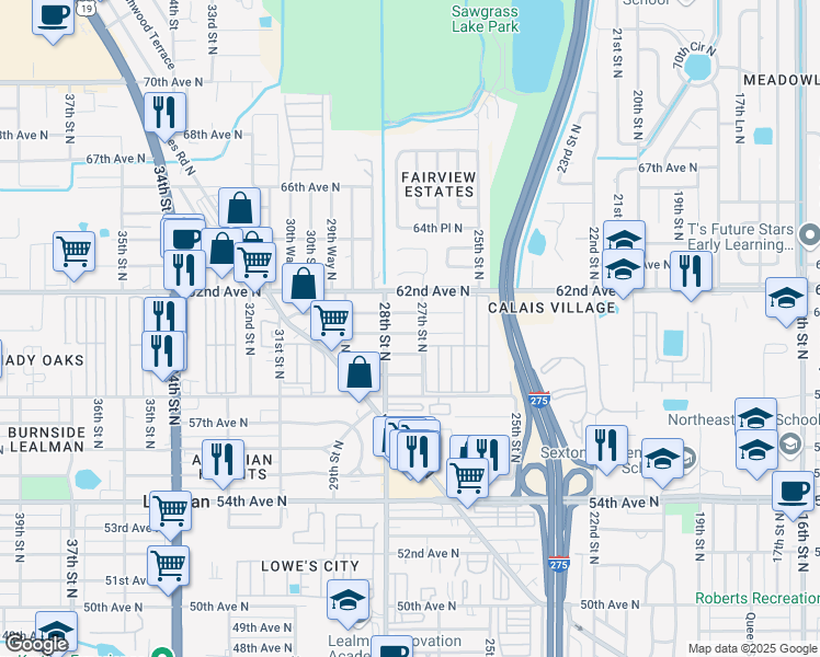 map of restaurants, bars, coffee shops, grocery stores, and more near 2761 59th Avenue North in St. Petersburg
