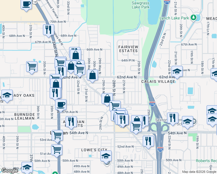 map of restaurants, bars, coffee shops, grocery stores, and more near 2857 59th Avenue North in St. Petersburg
