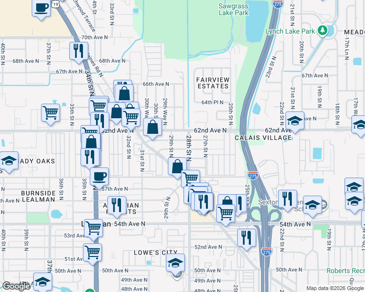 map of restaurants, bars, coffee shops, grocery stores, and more near 2857 59th Avenue North in St. Petersburg