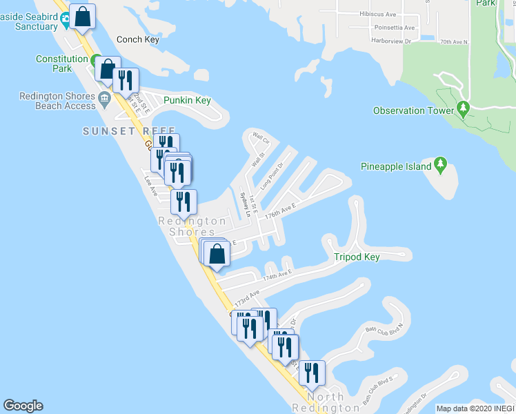 map of restaurants, bars, coffee shops, grocery stores, and more near 17611 1st Street East in Redington Shores