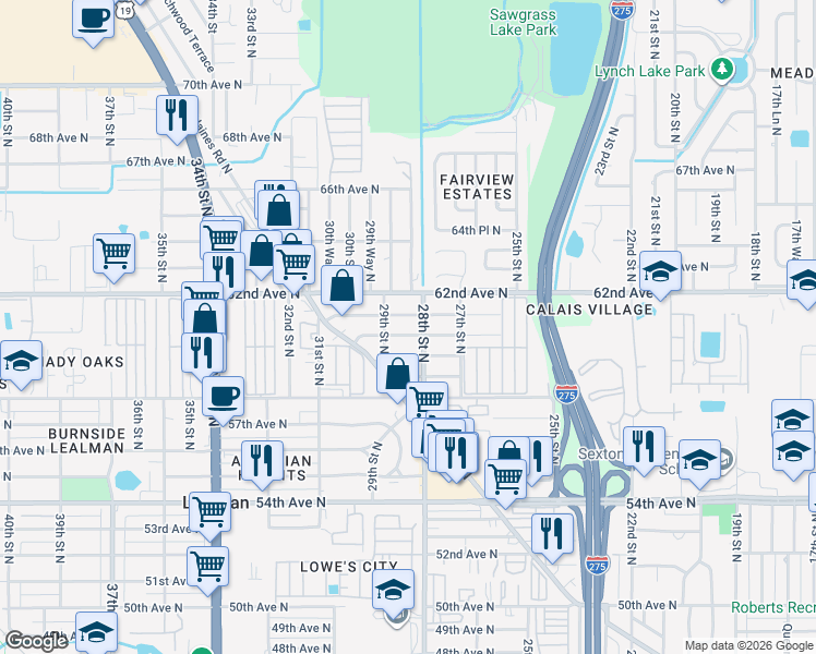map of restaurants, bars, coffee shops, grocery stores, and more near 2857 59th Avenue North in St. Petersburg