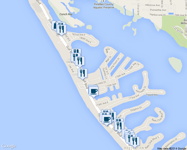 map of restaurants, bars, coffee shops, grocery stores, and more near 113 Wimbledon Court in Redington Shores