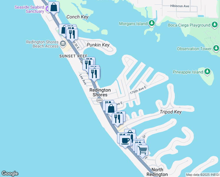 map of restaurants, bars, coffee shops, grocery stores, and more near 113 Wimbledon Court in Redington Shores