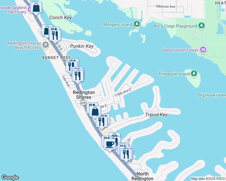 map of restaurants, bars, coffee shops, grocery stores, and more near 17611 1st Street East in Redington Shores
