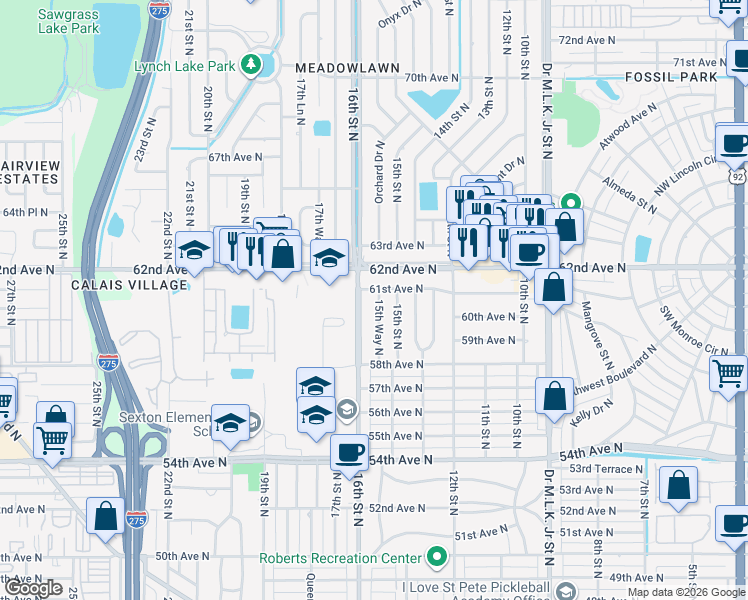 map of restaurants, bars, coffee shops, grocery stores, and more near 6072 15th Way North in St. Petersburg