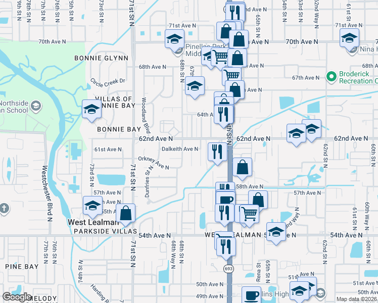map of restaurants, bars, coffee shops, grocery stores, and more near 6892 62nd Avenue North in Pinellas Park