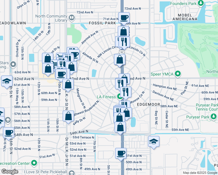 map of restaurants, bars, coffee shops, grocery stores, and more near 225 Southwest Madison Circle North in St. Petersburg