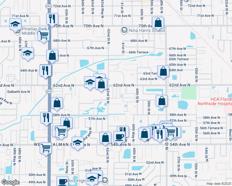 map of restaurants, bars, coffee shops, grocery stores, and more near 6190 62nd Avenue North in Pinellas Park