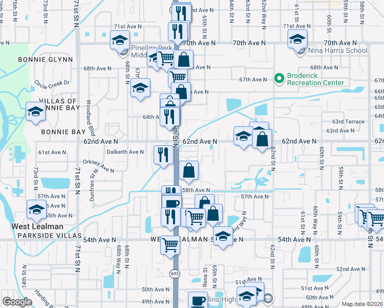 map of restaurants, bars, coffee shops, grocery stores, and more near 6490 62nd Avenue North in Pinellas Park
