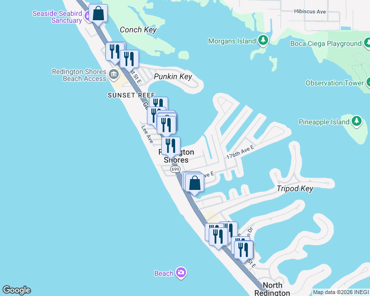 map of restaurants, bars, coffee shops, grocery stores, and more near 17723 Gulf Boulevard in Redington Shores