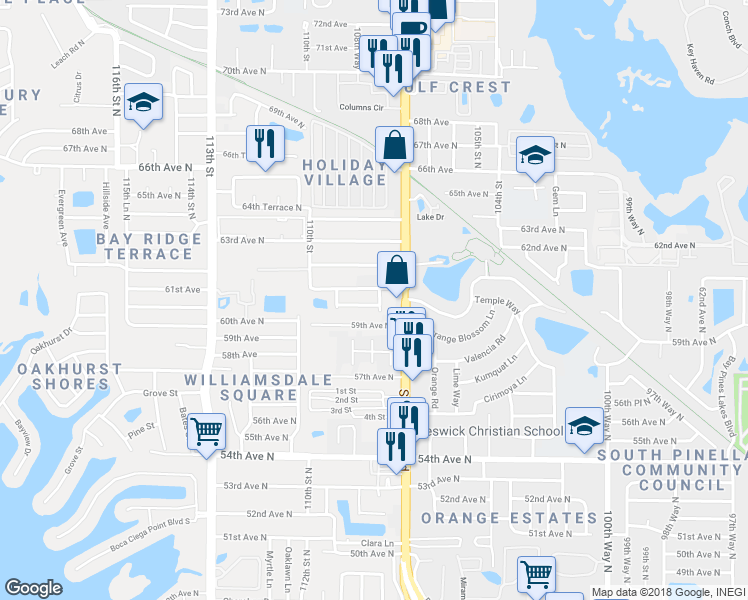 map of restaurants, bars, coffee shops, grocery stores, and more near 10801 60th Avenue North in Seminole