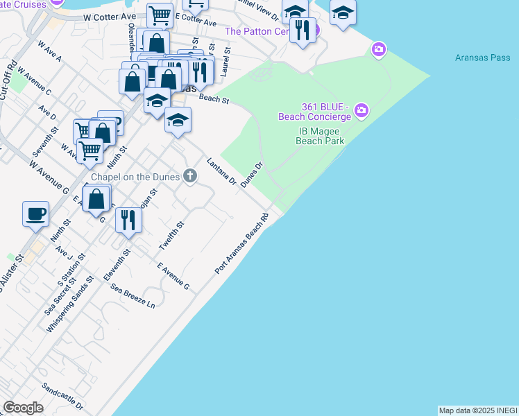map of restaurants, bars, coffee shops, grocery stores, and more near 1000 Lantana Drive in Port Aransas