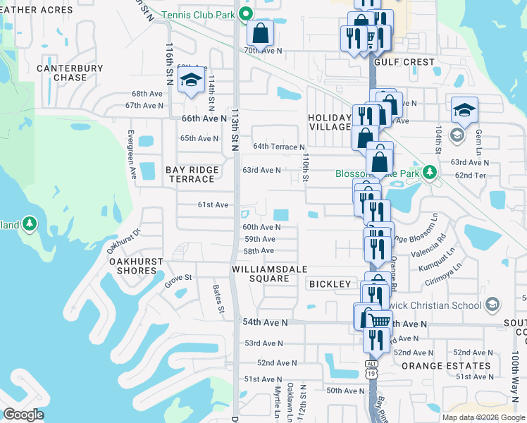 map of restaurants, bars, coffee shops, grocery stores, and more near 6145 113th Street in Seminole