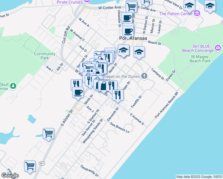 map of restaurants, bars, coffee shops, grocery stores, and more near 500 South Station Street in Port Aransas
