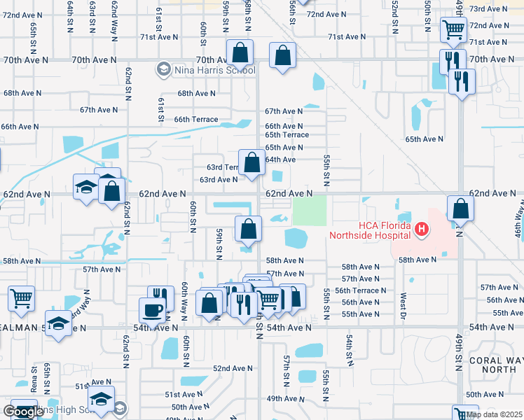 map of restaurants, bars, coffee shops, grocery stores, and more near 5790 62nd Avenue North in Pinellas Park