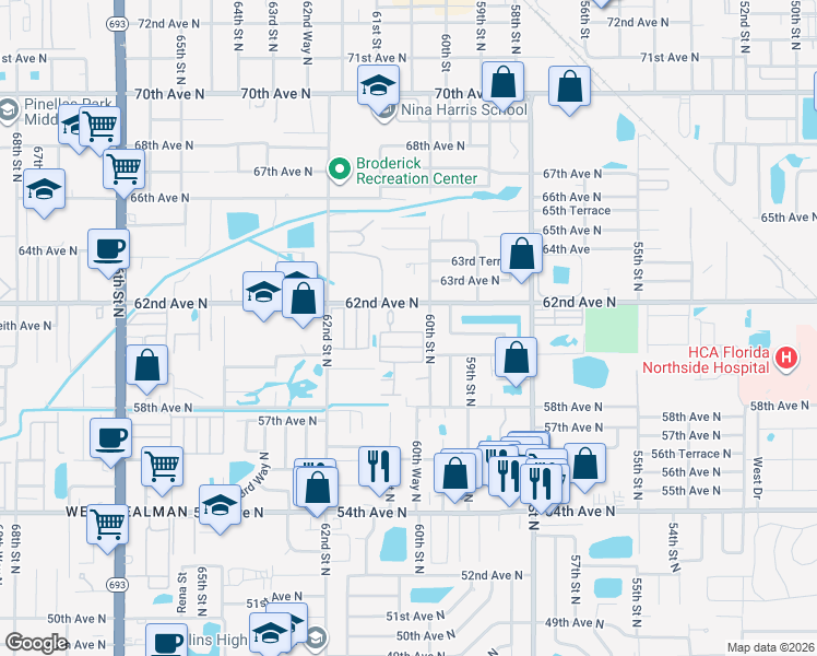 map of restaurants, bars, coffee shops, grocery stores, and more near 6030 62nd Avenue North in Pinellas Park