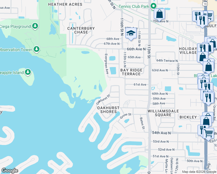 map of restaurants, bars, coffee shops, grocery stores, and more near 6154 115th Place in Seminole