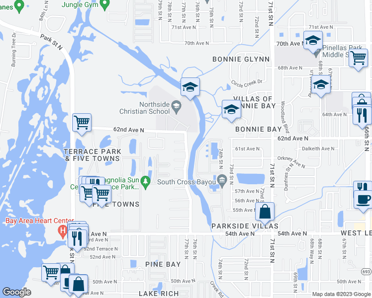 map of restaurants, bars, coffee shops, grocery stores, and more near 5543 Westchester Boulevard in Saint Petersburg