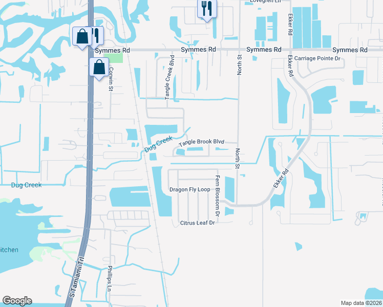 map of restaurants, bars, coffee shops, grocery stores, and more near 7620 Tangle Rush Drive in Gibsonton