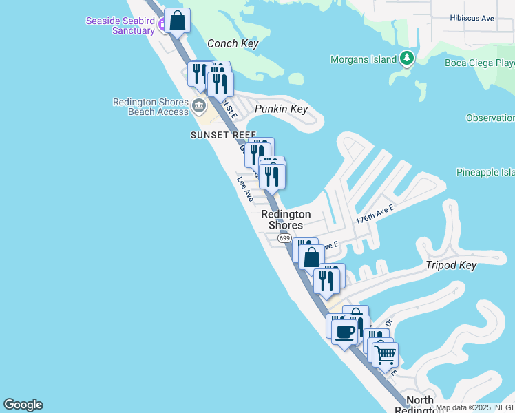 map of restaurants, bars, coffee shops, grocery stores, and more near 136 177th Terrace West in Redington Shores