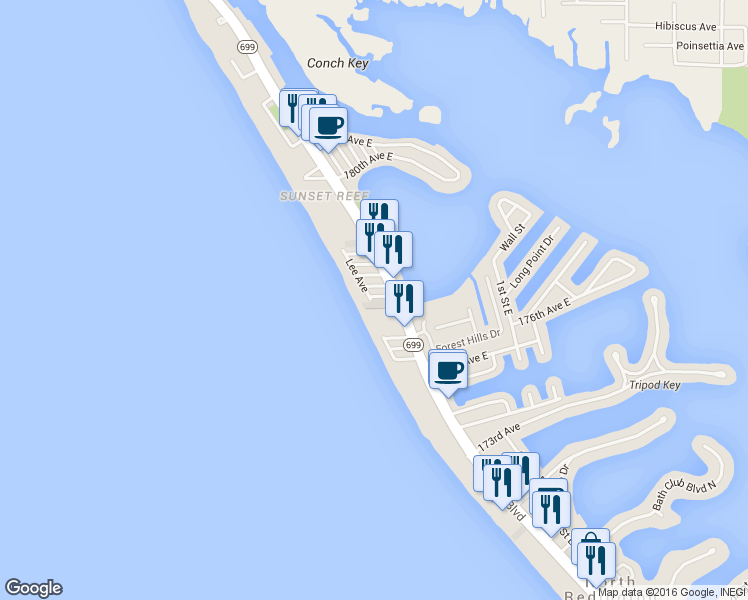 map of restaurants, bars, coffee shops, grocery stores, and more near 136 177th Terrace West in Redington Shores