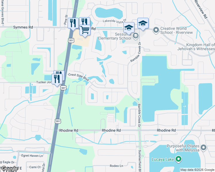 map of restaurants, bars, coffee shops, grocery stores, and more near 11033 Winter Crest Drive in Riverview