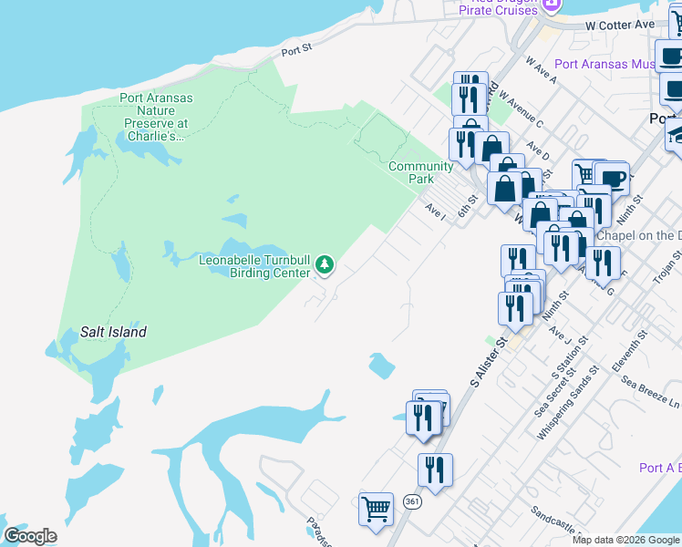map of restaurants, bars, coffee shops, grocery stores, and more near 1300 Ross Avenue in Port Aransas
