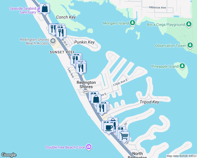 map of restaurants, bars, coffee shops, grocery stores, and more near 319 Fremantle Way in Redington Shores