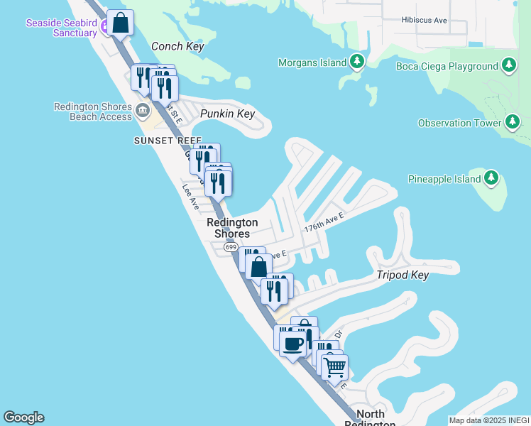 map of restaurants, bars, coffee shops, grocery stores, and more near 319 Fremantle Way in Redington Shores