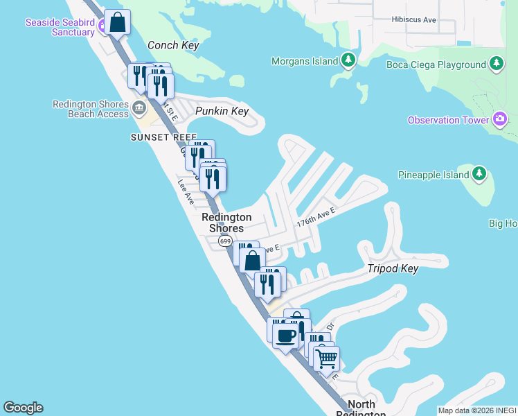 map of restaurants, bars, coffee shops, grocery stores, and more near 17745 Gulf Boulevard in Redington Shores
