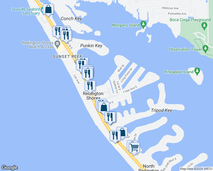 map of restaurants, bars, coffee shops, grocery stores, and more near Gulf Boulevard in Redington Shores