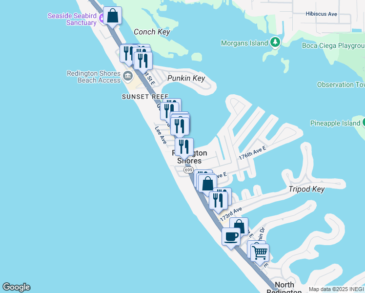 map of restaurants, bars, coffee shops, grocery stores, and more near 17801 Gulf Boulevard in Redington Shores