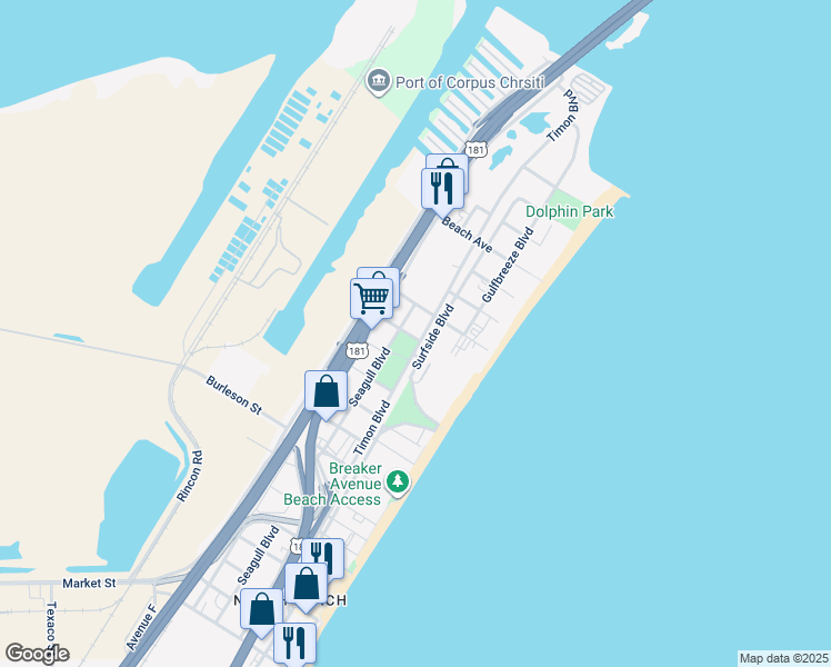 map of restaurants, bars, coffee shops, grocery stores, and more near 4121 Timon Boulevard in Corpus Christi