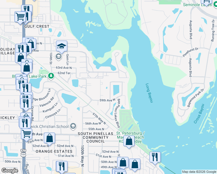 map of restaurants, bars, coffee shops, grocery stores, and more near 6086 Bay Lake Drive North in St. Petersburg