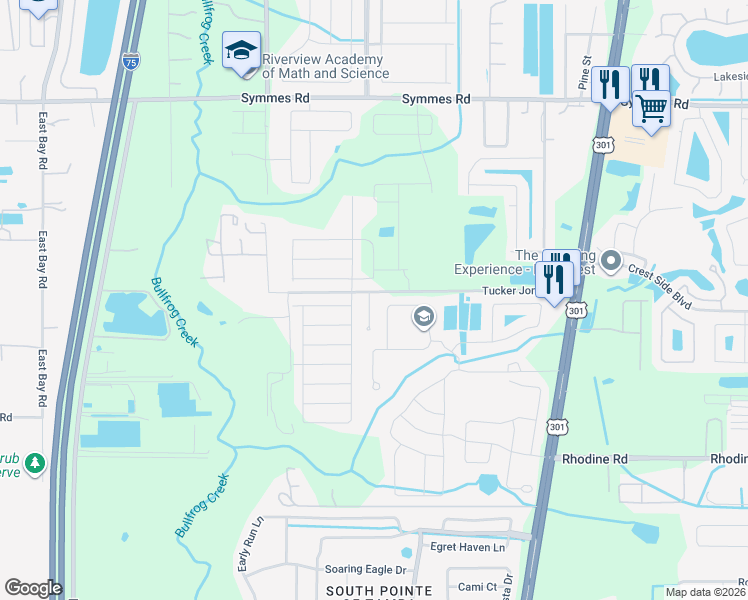 map of restaurants, bars, coffee shops, grocery stores, and more near 10307 Tucker Jones Road in Riverview