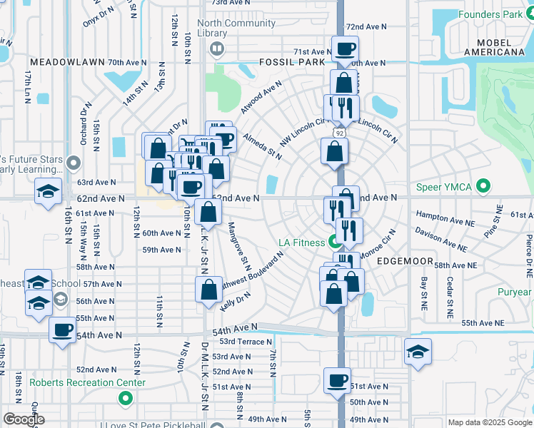 map of restaurants, bars, coffee shops, grocery stores, and more near 262 Southwest Monroe Circle North in St. Petersburg