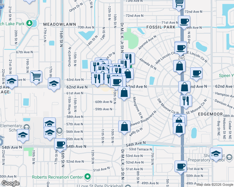 map of restaurants, bars, coffee shops, grocery stores, and more near 6122 Doctor Martin Luther King Junior Street North in St. Petersburg