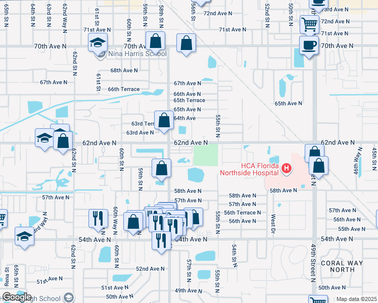 map of restaurants, bars, coffee shops, grocery stores, and more near 5555 62nd Avenue North in Pinellas Park