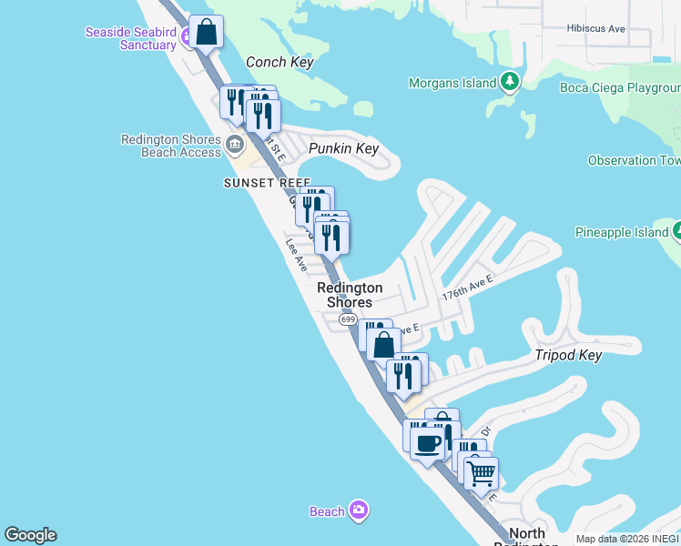 map of restaurants, bars, coffee shops, grocery stores, and more near 17723 Gulf Boulevard in Redington Shores