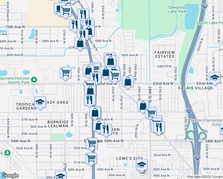map of restaurants, bars, coffee shops, grocery stores, and more near 3200 62nd Avenue North in St. Petersburg