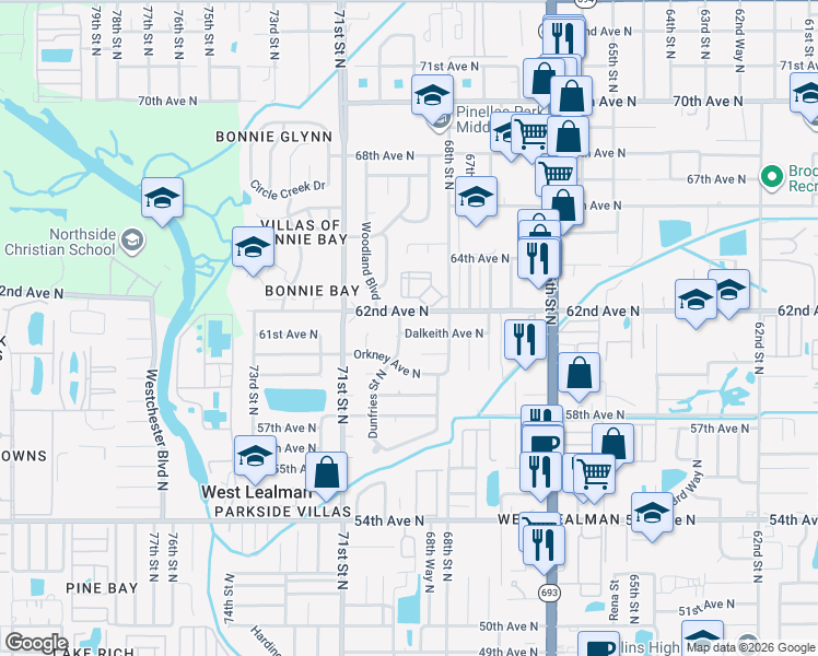 map of restaurants, bars, coffee shops, grocery stores, and more near 6972 62nd Avenue North in Pinellas Park