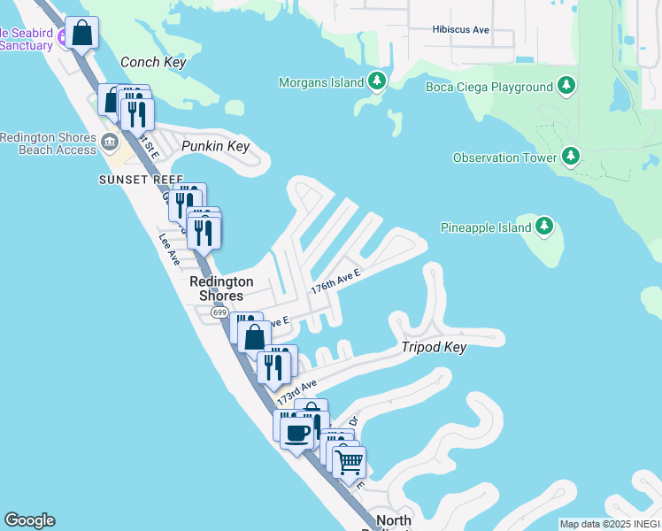 map of restaurants, bars, coffee shops, grocery stores, and more near 214 176th Terrace East in Redington Shores
