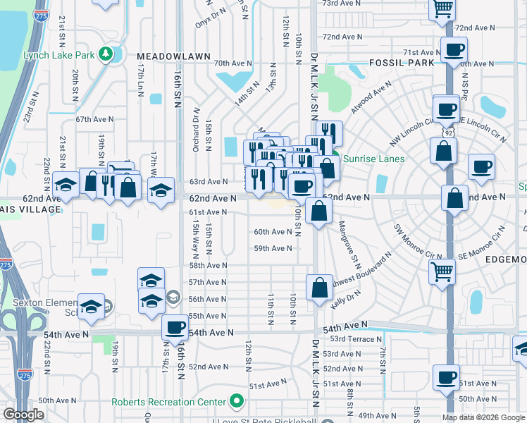 map of restaurants, bars, coffee shops, grocery stores, and more near 1119 61st Avenue North in St. Petersburg