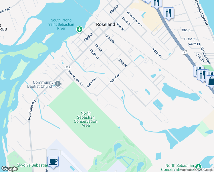 map of restaurants, bars, coffee shops, grocery stores, and more near 7950 Russell Street in Sebastian